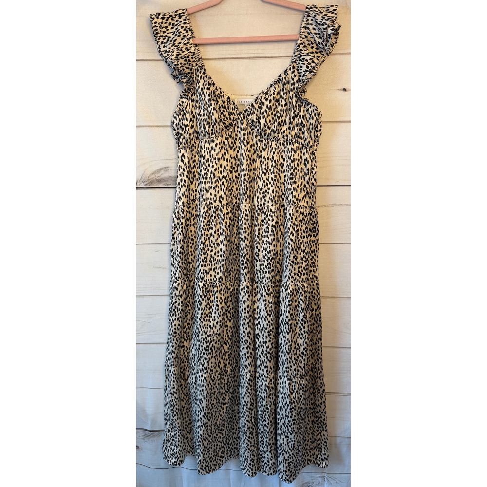 Endless Rose Animal Print Ruffle Strap Tiered Midi Dress Taupe Black HN382D M